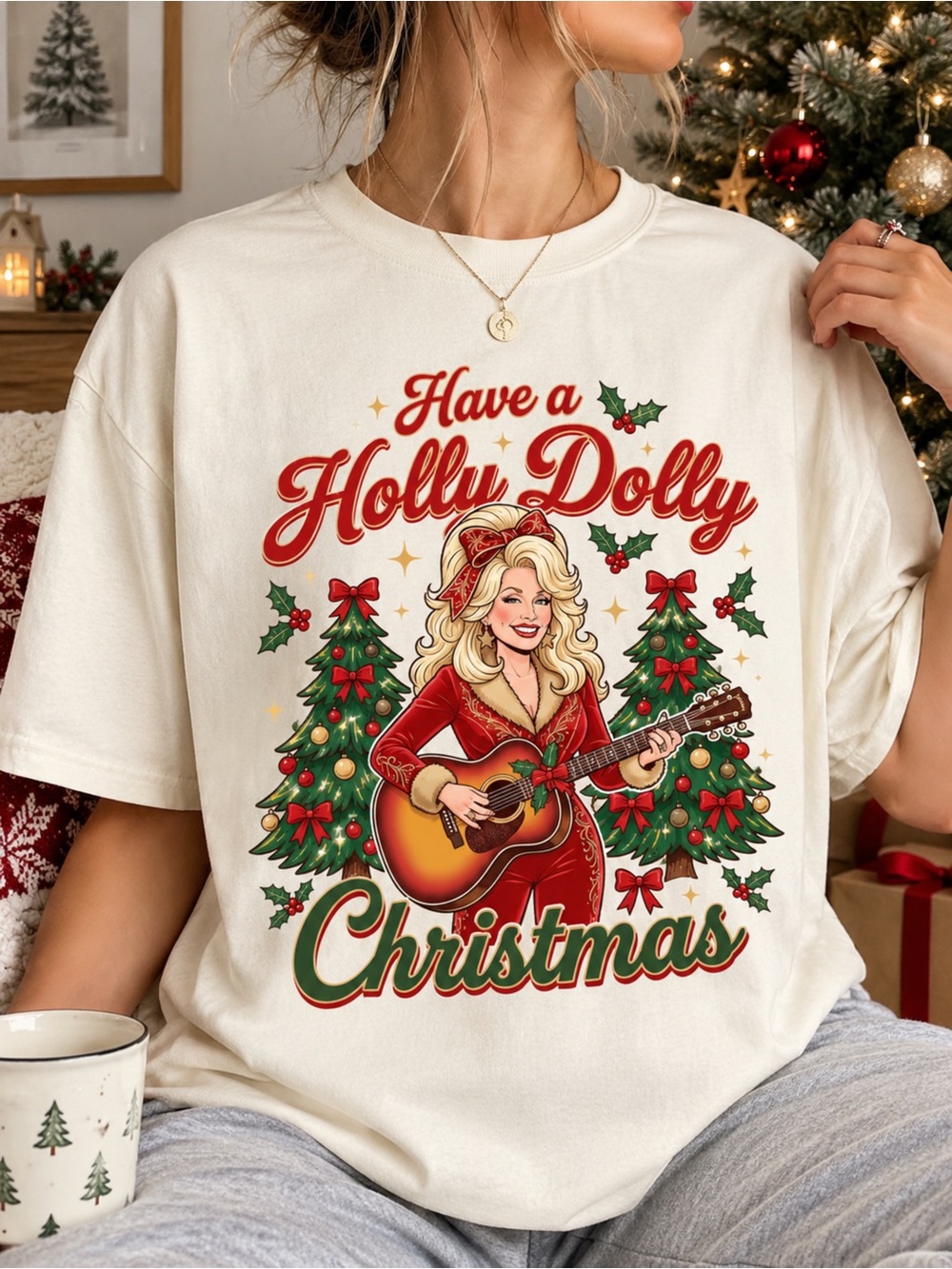 Gildan Cream "Have a Holly Dolly Christmas" Graphic Tee, Dolly Christmas Shirt